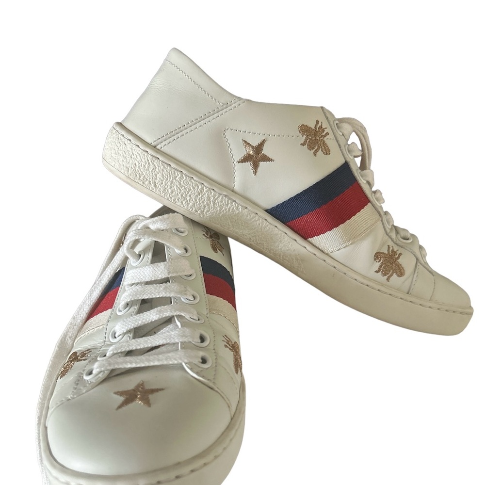 - Gucci Ace leather lace up sneakers star & bee embroidered details size… - Picture 1 of 7